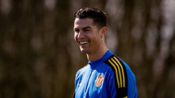 MANCHESTER, ENGLAND - MARCH 14: Cristiano Ronaldo of Manchester United in action during a first team training session at Carrington Training Ground on March 14, 2022 in Manchester, England. (Photo by Ash Donelon/Manchester United via Getty Images)