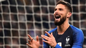 France&#039;s forward Olivier Giroud reacts during the friendly football match France vs Uruguay, on November 20, 2018 at the Stade de France in Saint-Denis, outside Paris. (Photo by FRANCK FIFE / AFP)