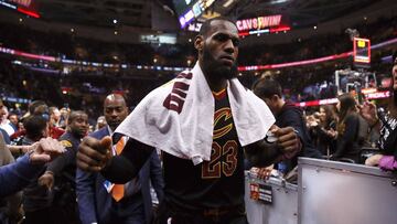 CLEVELAND, OH - APRIL 29: LeBron James #23 of the Cleveland Cavaliers leaves the court after a 105-101 win in Game Seven of the Eastern Conference Quarterfinals against the Indiana Pacers during the 2018 NBA Playoffs at Quicken Loans Arena on April 29, 2018 in Cleveland, Ohio. NOTE TO USER: User expressly acknowledges and agrees that, by downloading and or using this photograph, User is consenting to the terms and conditions of the Getty Images License Agreement.   Gregory Shamus/Getty Images/AFP
 == FOR NEWSPAPERS, INTERNET, TELCOS &amp; TELEVISION USE ONLY ==