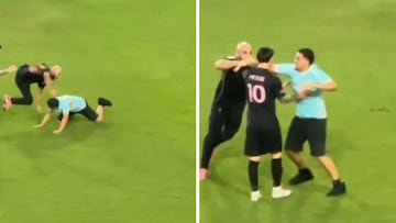 Messi’s bodyguard slips and falls while rushing to protect the Argentine star