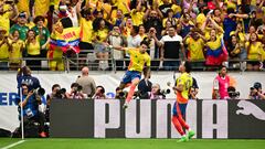 Jun 28, 2024; Glendale, AZ, USA; Colombia forward Luis Diaz (7) celebrates his penalty kick goal against Costa Rica during the first half at State Farm Stadium. Mandatory Credit: Daniel Bartel-USA TODAY Sports