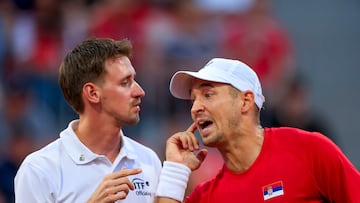 Tenis, Chile vs Serbia.
Copa Davis 2026.
El jugador de Serbia Dusan Lajovic es fotografiado, durante el partido de sinles de la Copa Davis valido por el Grupo Mundial, disputado en el Court Central Anita Lizana,Paque Estadio Nacuonal de Santiago, Chile.
06/02/2026
Pepe Alvujar/Photosport
Tenis, Chile vs Serbia.
Copa Davis 2026.
Serbia player Dusan Lajovic is pictured during the Davis Cup singles match valid for the World Group, played at the Anita Lizana Central Court, National Stadium Park in Santiago, Chile.
06/02/2026
Pepe Alvujar/Photosport