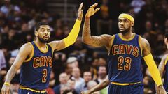 CLEVELAND, OH - FEBRUARY 26: Kyrie Irving #2 and LeBron James #23 of the Cleveland Cavaliers celebrate during the first half against the Golden State Warriors at Quicken Loans Arena on February 26, 2015 in Cleveland, Ohio. NOTE TO USER: User expressly acknowledges and agrees that, by downloading and or using this photograph, User is consenting to the terms and conditions of the Getty Images License Agreement. (Photo by Jason Miller/Getty Images)