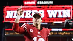 SANTA CLARA, CALIFORNIA - OCTOBER 08: Brock Purdy #13 of the San Francisco 49ers reacts after a 42-10 victory against the Dallas Cowboys at Levi's Stadium on October 08, 2023 in Santa Clara, California.   Ezra Shaw/Getty Images/AFP (Photo by EZRA SHAW / GETTY IMAGES NORTH AMERICA / Getty Images via AFP)