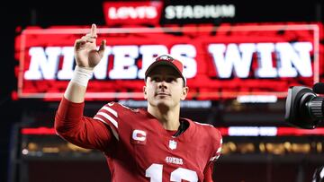 SANTA CLARA, CALIFORNIA - OCTOBER 08: Brock Purdy #13 of the San Francisco 49ers reacts after a 42-10 victory against the Dallas Cowboys at Levi's Stadium on October 08, 2023 in Santa Clara, California.   Ezra Shaw/Getty Images/AFP (Photo by EZRA SHAW / GETTY IMAGES NORTH AMERICA / Getty Images via AFP)