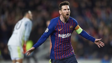 Lionel Messi of FC Barcelona celebrates his goal (3-1) during the match between FC Barcelona vs Olympique Lyon of UEFA Champions League 2018-2019, round of 16, second leg, played at the Camp Nou Stadium. Barcelona, Spain, 13 MAR 2019.