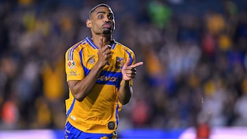Joaquim Pereira celebrates his goal 2-0 of Tigres during the 7th round match between Tigres UANL and Cruz Azul as part of the Liga BBVA MX, Torneo Clausura 2025 at Universitario Stadium, on February 15, 2025 in Monterrey, Nuevo Leon, Mexico.
