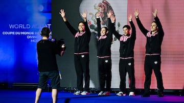`MONTREAL, CANADA - FEBRUARY 27: Team Mexico take to the podium ahead of the Mixed Team Event Final during the World Aquatics Diving World Cup 2026 Stop 1 at Centre Sportif Du Parc Olympique on February 27, 2026 in Montreal, Quebec, Canada. Minas Panagiotakis/Getty Images/AFP (Photo by Minas Panagiotakis / GETTY IMAGES NORTH AMERICA / Getty Images via AFP)