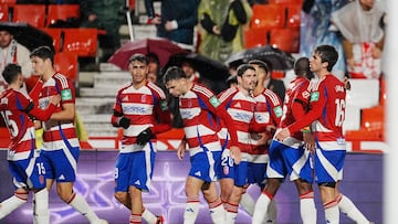 Los jugadores del Granada, celebrando uno de los goles al Racing de Ferrol.