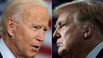 (COMBO) This combination of file pictures created on September 28, 2020 shows Democratic presidential candidate Joe Biden(L) speaking in Tampa, Florida on September 15, 2020 and US President Donald Trump speaking during an event for black supporters at th