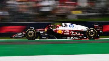 Ferrari's Monegasque driver Charles Leclerc races during the third practice session ahead of the Italian Formula One Grand Prix at the Autodromo Nazionale Monza circuit, in Monza, northern Italy, on September 6, 2025. (Photo by Marco BERTORELLO / AFP)