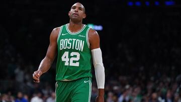 Boston Celtics center Al Horford (42) returns up court against the New York Knicks in the fourth quarter during game two of the second round for the 2025 NBA Playoffs at TD Garden.