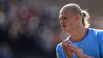 WOLVERHAMPTON, ENGLAND - SEPTEMBER 17:  Erling Haaland of Manchester City during the Premier League match between Wolverhampton Wanderers and Manchester City at Molineux on September 17, 2022 in Wolverhampton, United Kingdom. (Photo by Marc Atkins/Getty Images)