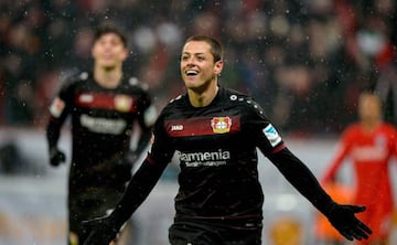 Leverkusen's Mexican forward Javier Hernandez (Chicharito) celebrates scoring his 2-0during the German First division Bundesliga football match between Bayer Leverkusen and Eintracht Frankfurt in Leverkusen