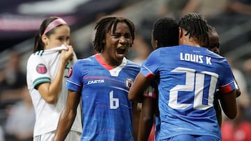 Soccer Football - Concacaf Women Championship - Group A - Haiti v Mexico - Estadio BBVA, Monterrey, Mexico - July 7, 2022 Haiti's Nerilia Mondesir celebrates scoring their second goal with teammates REUTERS/Daniel Becerril