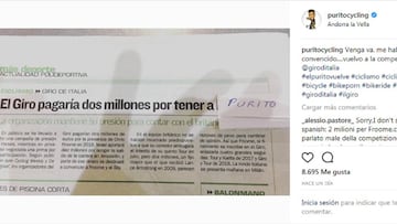 Joaquim &#039;Purito&#039; Rodr&iacute;guez brome&oacute; sobre su posible regreso al ciclismo tras la millonaria oferta que el Giro le ha hecho a Chris Froome que public&oacute; AS.