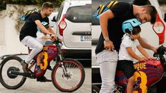 Gerard Piqu&eacute; fue a buscar a su hijo Milan al colegio en una bicicleta personalizada con su camiseta del Barcelona.
 Twitter @ElUniversalCtg