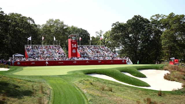 FARMINGDALE, NEW YORK - SEPTEMBER 23: A general view of the 14th hole green prior to the Ryder Cup 2025 at Black Course at Bethpage State Park Golf Course on September 23, 2025 in Farmingdale, New York. Jared C. Tilton/Getty Images/AFP (Photo by Jared C. Tilton / GETTY IMAGES NORTH AMERICA / Getty Images via AFP)