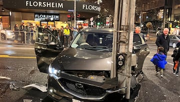 A view of a car from the scene of an accident in Bourke Street in Melbourne, Australia, September 8, 2023, in this picture obtained from social media. @shipdoes via X/via REUTERS  THIS IMAGE HAS BEEN SUPPLIED BY A THIRD PARTY. MANDATORY CREDIT. NO RESALES. NO ARCHIVES.