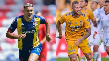 Germán Berterame (izq) y Nico López (der) festejan un gol con sus equipos