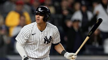 BRONX, NEW YORK - APRIL 18: Anthony Volpe #11 of the New York Yankees is walked with the bases loaded scoring Oswald Peraza of the New York Yankees during the fourth inning against the Los Angeles Angels at Yankee Stadium on April 18, 2023 in the Bronx borough of New York City. Elsa/Getty Images/AFP (Photo by ELSA / GETTY IMAGES NORTH AMERICA / Getty Images via AFP)