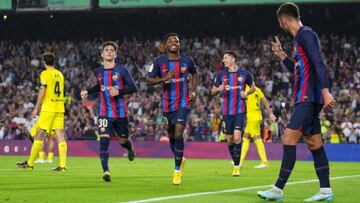 BARCELONA, SPAIN - OCTOBER 20: Ansu Fati of FC Barcelona celebrates after scoring their sides third goal during the LaLiga Santander match between FC Barcelona and Villarreal CF at Spotify Camp Nou on October 20, 2022 in Barcelona, Spain. (Photo by Alex Caparros/Getty Images)