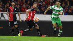 (L-R), Hugo Nervo of Atlas and Raul Lopez of Santos during the game Atlas vs Santos, corresponding to Group B of the Sky Cup 2022, at Jalisco Stadium, on December 12, 2022.

<br><br>

(I-D), Hugo Nervo de Atlas y Raul Lopez de Santos durante el partido Atlas vs Santos, correspondiente al Grupo B de la Copa Sky 2022, en el Estadio Jalisco, el 12 de Diciembre de 2022.