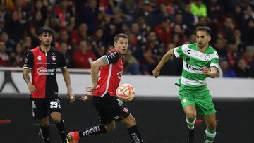 (L-R), Hugo Nervo of Atlas and Raul Lopez of Santos during the game Atlas vs Santos, corresponding to Group B of the Sky Cup 2022, at Jalisco Stadium, on December 12, 2022.

<br><br>

(I-D), Hugo Nervo de Atlas y Raul Lopez de Santos durante el partido Atlas vs Santos, correspondiente al Grupo B de la Copa Sky 2022, en el Estadio Jalisco, el 12 de Diciembre de 2022.