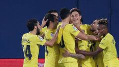 CASTELLON, SPAIN - NOVEMBER 2: Pau Torres of Villarreal Celebrates 2-0 with teammates during the La Liga Santander  match between Villarreal v Real Valladolid at the Estadio de la Ceramica on November 2, 2020 in Castellon Spain (Photo by David S. Bustaman