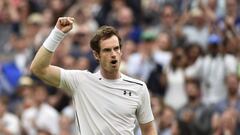 Andy Murray of Britain celebrates his win over John Millman of Australia in their third round match during the Wimbledon Championships 