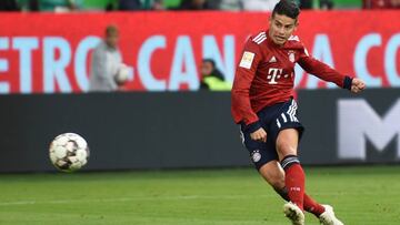 Soccer Football - Bundesliga - VfL Wolfsburg v Bayern Munich - Volkswagen Arena, Wolfsburg, Germany - October 20, 2018  Bayern Munich&#039;s James Rodriguez scores their third goal   REUTERS/Fabian Bimmer  DFL regulations prohibit any use of photographs a