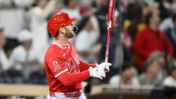 May 12, 2025; San Diego, California, USA; Los Angeles Angels left fielder Taylor Ward (3) hits a grand slam during the ninth inning against the San Diego Padres at Petco Park. Mandatory Credit: Denis Poroy-Imagn Images