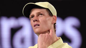 (FILES) Italy's Jannik Sinner reacts after a point against Germany's Alexander Zverev during their men's singles final match on day fifteen of the Australian Open tennis tournament in Melbourne on January 26, 2025. Jannik Sinner has accepted a three-month ban from tennis, from February 9 to May 4, 2025, after the world number one admitted team mistakes led to him twice testing positive for traces of banned substance clostebol in March 2024. (Photo by DAVID GRAY / AFP) / -- IMAGE RESTRICTED TO EDITORIAL USE - STRICTLY NO COMMERCIAL USE --