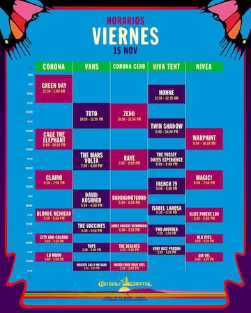 Horarios del Viernes 15 de noviembre Corona Capital 2024