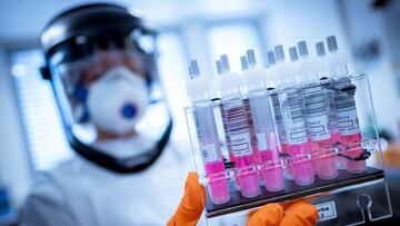 Trabajador de laboratorio inspecciona las posibles vacunas para combatir al coronavirus.