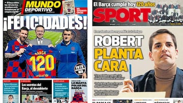 Portadas de Mundo Deportivo y Sport del 29 de noviembre de 2019 con el 120 aniversario del Bar&ccedil;a y una foto exclusiva de Messi, Bartomeu y Ernesto Valverde, y la rueda de prensa de Robert Moreno en respuesta a Luis Enrique.