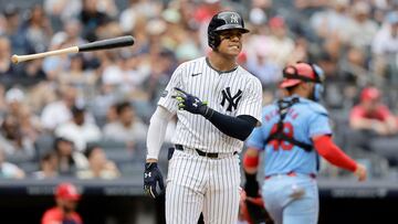 NEW YORK, NEW YORK - AUGUST 31: Juan Soto #22 of the New York Yankees reacts after lining out to end the fifth inning against the St. Louis Cardinals at Yankee Stadium on August 31, 2024 in New York City. Jim McIsaac/Getty Images/AFP (Photo by Jim McIsaac / GETTY IMAGES NORTH AMERICA / Getty Images via AFP)