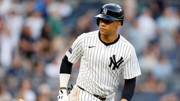 NEW YORK, NEW YORK - MAY 08: Juan Soto #22 of the New York Yankees rounds the bases after hitting a two-run home run during the first inning against the Houston Astros at Yankee Stadium on May 08, 2024 in the Bronx borough of New York City.   Sarah Stier/Getty Images/AFP (Photo by Sarah Stier / GETTY IMAGES NORTH AMERICA / Getty Images via AFP)