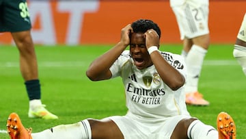 Soccer Football - UEFA Champions League - Real Madrid v Manchester City - Santiago Bernabeu, Madrid, Spain - December 10, 2025 Real Madrid's Endrick reacts after missing a chance to score REUTERS/Susana Vera