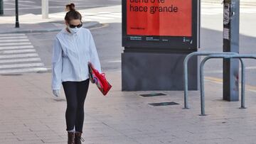 GRAF5753. MURCIA, 04/04/2020.- Una mujer ataviada con mascarilla camina este s&aacute;bado por Murcia, durante el vig&eacute;simo primer d&iacute;a de estado de alarma decretado en el pa&iacute;s para frenar la propagaci&oacute;n del coronavirus. EFE/ Jua