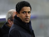 Paris Saint-Germain's Qatari President Nasser Al-Khelaifi looks on as he attends a training session on the eve of the UEFA Champions League football match against FC Bayern Munich at the Allianz Arena in Munich, southern Germany, on November 25, 2024. (Photo by FRANCK FIFE / AFP)