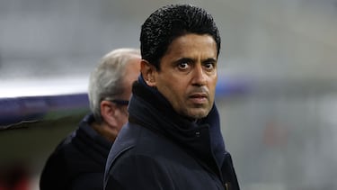 Paris Saint-Germain's Qatari President Nasser Al-Khelaifi looks on as he attends a training session on the eve of the UEFA Champions League football match against FC Bayern Munich at the Allianz Arena in Munich, southern Germany, on November 25, 2024. (Photo by FRANCK FIFE / AFP)
