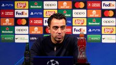 BARCELONA, SPAIN - OCTOBER 26: Head Coach Xavi Hernandez of FC Barcelona answers the media during the press conference following the UEFA Champions League group C match between FC Barcelona and FC Bayern München at Spotify Camp Nou on October 26, 2022 in Barcelona, Spain. (Photo by Alex Caparros - UEFA/UEFA via Getty Images)