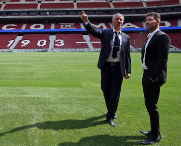 Diego Simeone on the newly-laid pitch at the Wanda Metropolitano yesterday.