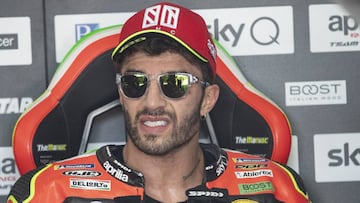 ALCANIZ, SPAIN - SEPTEMBER 20: Andrea Iannone of Italy and Aprilia Racing Team Gresini looks on in box during the MotoGp of Aragon - Free Practice on September 20, 2019 in Alcaniz, Spain. (Photo by Mirco Lazzari gp/Getty Images)