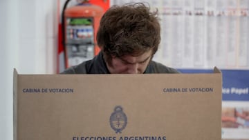 Argentina's President Javier Milei votes during the midterm election, which is seen as crucial for his administration after U.S. President Donald Trump warned that future support for Argentina would depend on Milei's party performing well in the vote, in Buenos Aires, Argentina, October 26, 2025. REUTERS/Cristina Sille