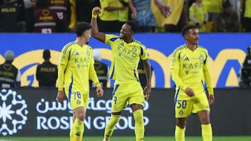 Nassr's Colombian Forward #9 Jhon Duran celebrates scoring his team's second goal during the Saudi Pro League football match between Al-Nassr and Al-Fayha at Al-Awwal Park in Riyadh on February 7, 2025. (Photo by Fayez NURELDINE / AFP)