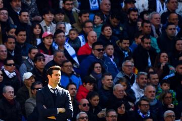 Real Madrid's Argentinian coach Santiago Solari observes the Spanish League football match between Real Madrid and Girona at the Santiago Bernabeu stadium in Madrid on February 17, 2019.