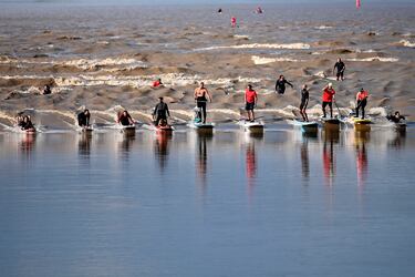Un grupo de personas monta una ola de macareo en tablas de surf y de remo en Saint-Pardon en el río Dordoña, al suroeste de Francia. Un macareo? es un fenómeno en el que el frente de la marea ascendente forma una ola que remonta un río o bahía estrecha contra la dirección del caudal. Acontece durante las mareas más vivas.