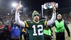 Jan 8, 2017; Green Bay, WI, USA;  Green Bay Packers quarterback Aaron Rodgers (12) celebrates as he leaves the field after defeating the New York Giants in the NFC Wild Card playoff football game at Lambeau Field. Mandatory Credit: Jerry Lai-USA TODAY Sports